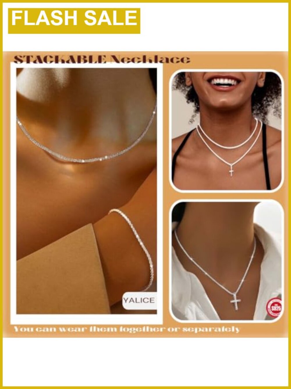 925 Sterling Silver Plated Layered Chain Necklace Cross Pendant Paperclip - Picture 2 of 6